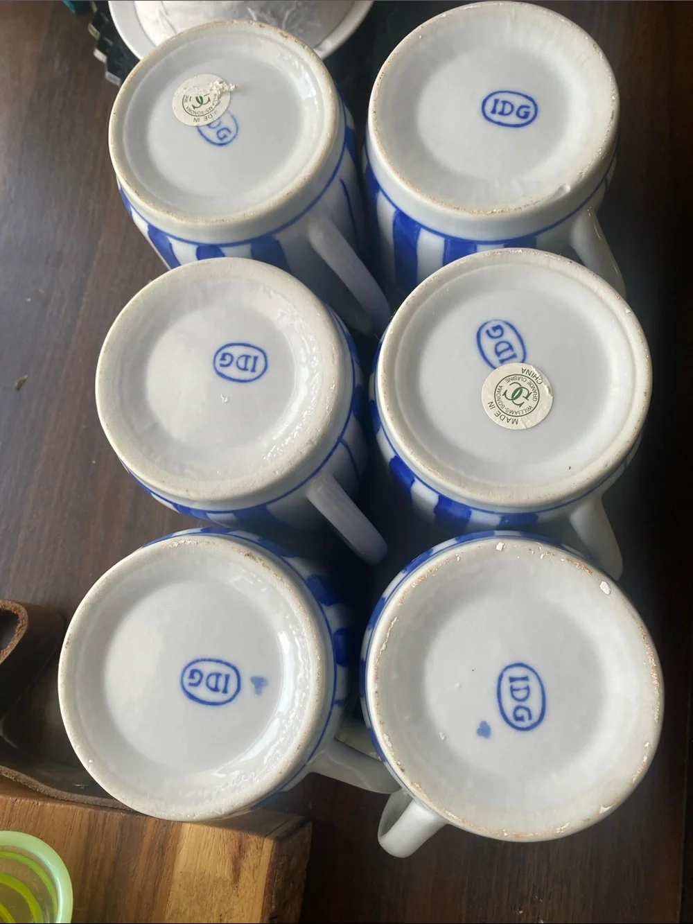 Set of 6 vintage IDG Williams Sonoma Blue and White Striped Ceramic Mugs